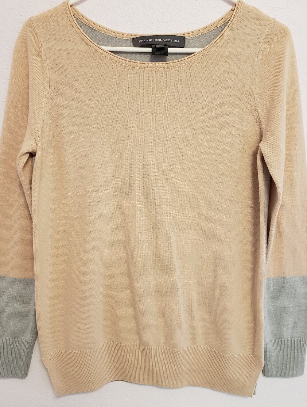 French Connection Beige Crewneck Sweater with Gray Sleeve Cuffs
